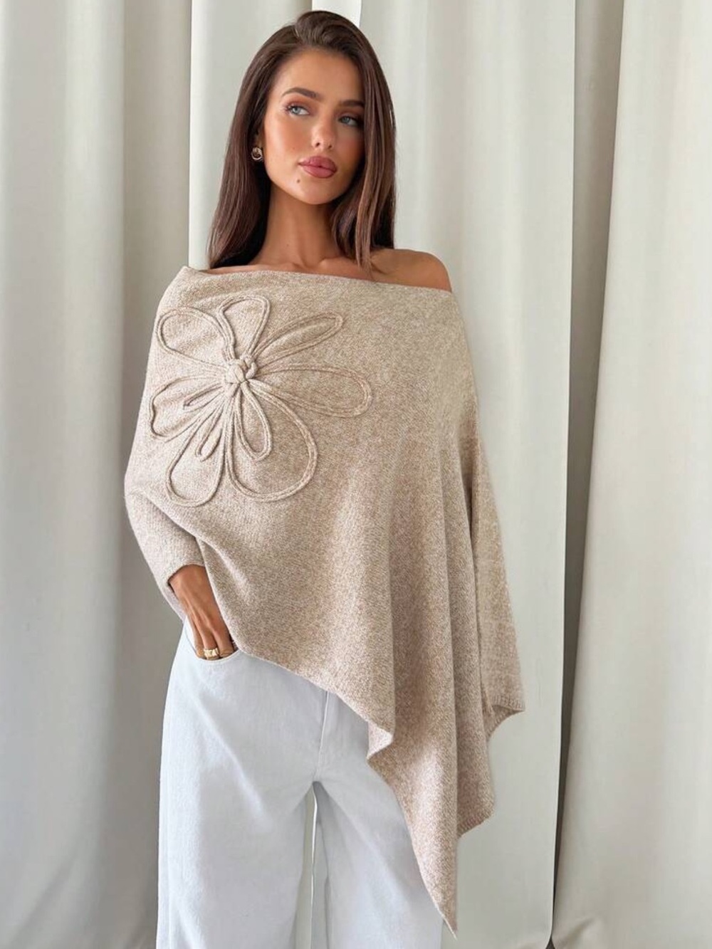 Aloruh Women's 3D Floral Decor Asymmetric Shoulder Casual Everyday Sweater